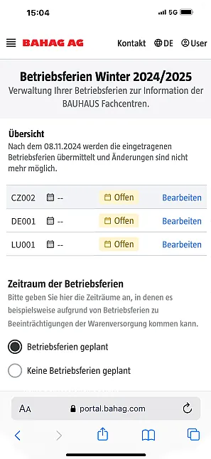 Übersicht über die Seite „Betriebsferien“ im Bahag-Portal.