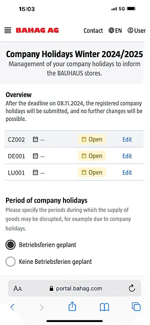 Overview of company holidays page in bahag portal.