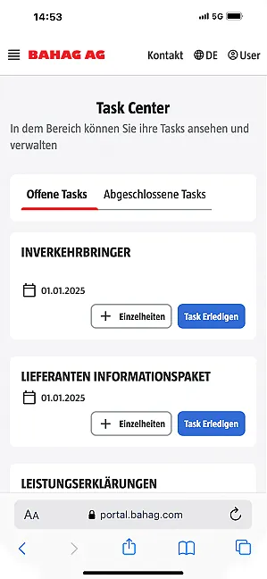 Übersicht über die Task-Center-Seite im Bahag-Portal.