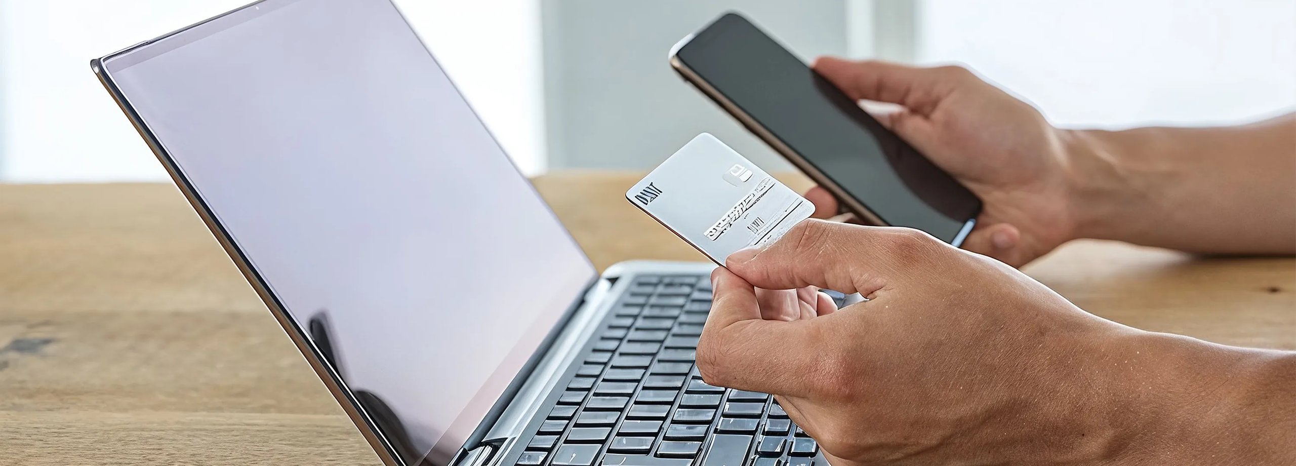 Person hält Kreditkarte und Smartphone vor einem Laptop. Online-Shopping oder Banking wird durch die Technologie ermöglicht.