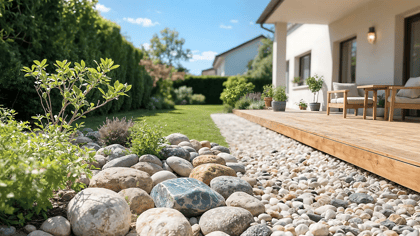 Modernes Haus mit Holzterrasse und schön angelegtem Garten mit Pflanzen und dekorativen Steinen.