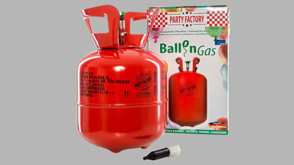 Rote Heliumgasflasche für Ballons mit weiß-roter 'Party Factory' Verpackung. Eine Düse ist abgetrennt.