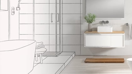 Un interior de baño moderno, parcialmente esbozado y parcialmente renderizado, con tocador y ducha.