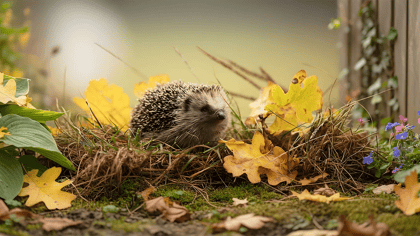 Entzückendes Bild eines Igels inmitten von Herbstlaub und Blumen, das die Schönheit der Natur und die Einfachheit des Lebens zeigt.
