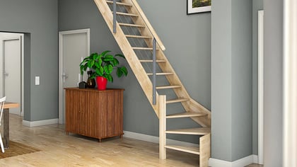 Platzsparende Holztreppe mit Metallgeländer und Wendelstufen, in einen modernen Raum integriert.