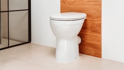 Nahaufnahme einer modernen Toilette mit spülrandlosem Design, die in einem stilvollen Badezimmer mit Holzakzenten steht.