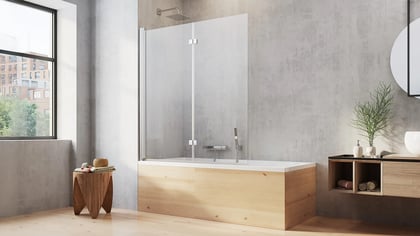 Modernes Badezimmer mit stilvoller Duschkabine, Holzbadezimmermöbeln und großem runden Spiegel für ein luxuriöses Ambiente.