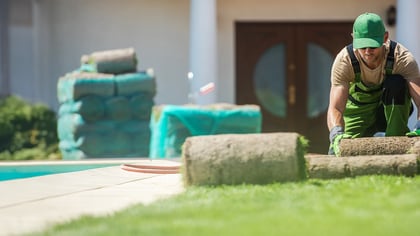 Mann in grüner Arbeitskleidung verlegt Rollrasen.