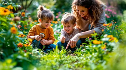Madre y dos niños agachados, examinando plantas en un jardín, un niño con una lupa.