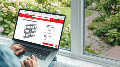 Estantería metálica gris configurándose en una pantalla de portátil para medidas personalizadas.