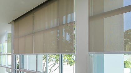 Estores enrollables traslúcidos marrón claro en grandes ventanas, ofreciendo privacidad y protección solar.