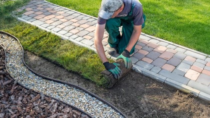 Mann in Arbeitskleidung verlegt Rollrasen neben einem gepflasterten Weg, mit Mulch- und Kiesbeeten im Vordergrund.