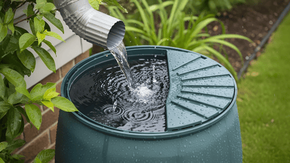 Dunkelgrüne Regentonne sammelt Regenwasser aus einem Fallrohr im Garten.