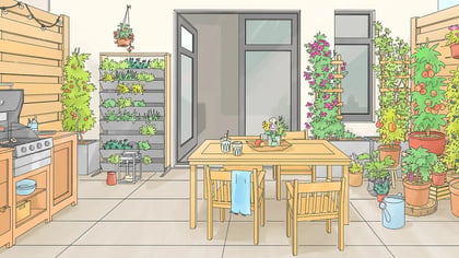 Un patio vibrante con barbacoa, mesa de comedor y exuberantes jardines en macetas, mostrando la vida urbana al aire libre.