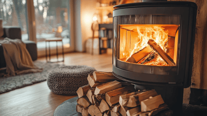 Kaminofen mit Holzscheiten. Gemütliches Ambiente mit knisterndem Feuer und Wärme im Wohnzimmer.