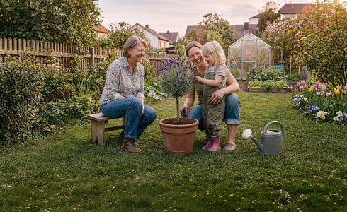 Drei Generationen pflanzen eine Lavendelpflanze im Topf; eine graue Gießkanne steht daneben im sonnigen Garten.