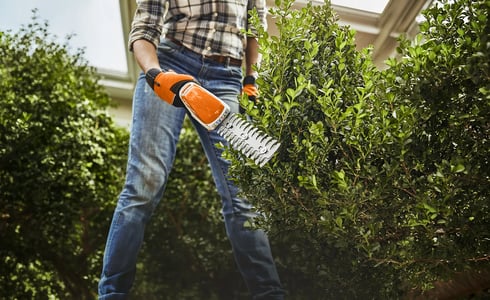 Mann schneidet mit einer Stihl Akku-Strauchschere einen Strauch