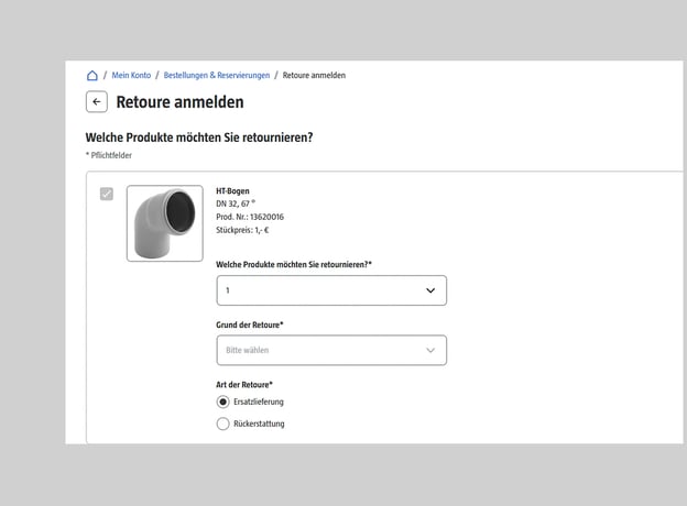 Schritt 2: Produkt auswählen und Retoureninfos eingeben