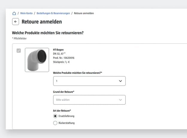 Schritt 2: Produkt auswählen und Retoureninfos eingeben