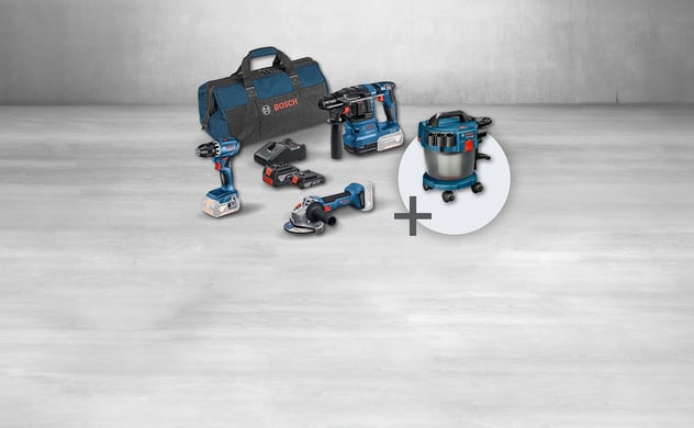 Eine Sammlung blauer und schwarzer Bosch Akku-Elektrowerkzeuge: Bohrer, Bohrhammer, Winkelschleifer, Akkus, Werkzeugtasche und Nass-/Trockensauger.