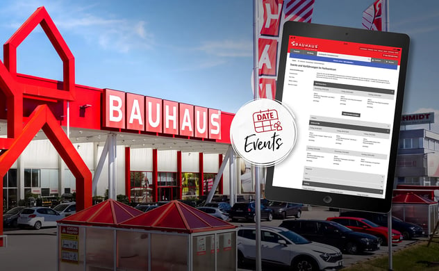BAUHAUS Fachcentrum im Hintergrund, Tablet mit Termine zu den Events im Vordergrund