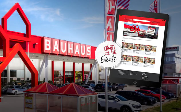 BAUHAUS Fachcentrum im Hintergrund, Tablet mit Termine zu den Events im Vordergrund
