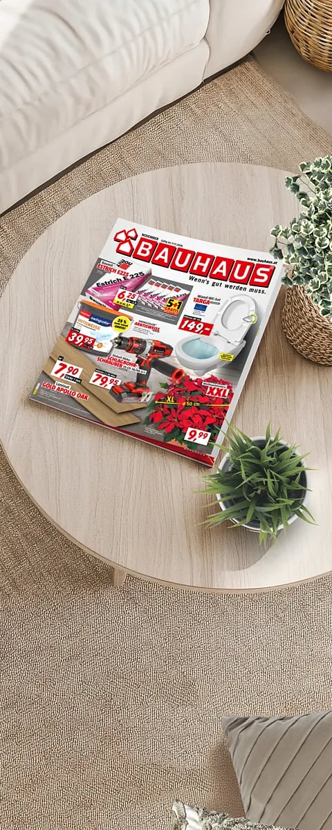 Aktuelles BAUHAUS Flugblatt am Couchtisch