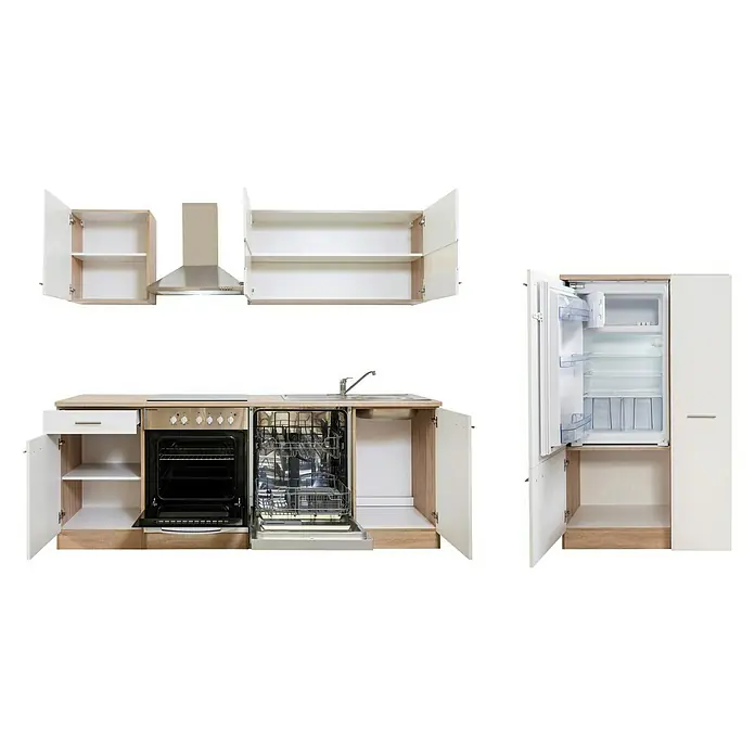 Respekta Küchenzeile Merle Typ 1 - Breite: 310 cm, Weiß, Mit Elektrogeräten - Moderne Küchenzeile mit Einbaugeräten: Kühlschrank, Geschirrspüler, Ofen und Dunstabzugshaube. Weißes Design mit Holzoptik.