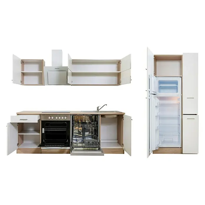 Respekta Küchenzeile Merle Typ 2 - Breite: 310 cm, Weiß, Mit Elektrogeräten, Volumen Backofen: 72 l - Küchenzeile mit weißen Schränken, Kühlschrank und Geschirrspüler für eine moderne und funktionale Küche.