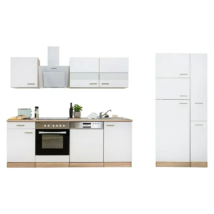 Respekta Küchenzeile Merle Typ 2 - Breite: 310 cm, Weiß, Mit Elektrogeräten, Volumen Backofen: 72 l - Küchenzeile mit weißen Schränken, Dunstabzugshaube und Einbaugeräten für eine moderne Küchenausstattung.
