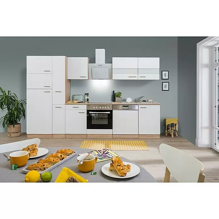 Respekta Küchenzeile Merle Typ 2 - Breite: 310 cm, Weiß, Mit Elektrogeräten, Volumen Backofen: 72 l - Moderne weiße Küche mit hellen Holzdetails, inklusive Schränken, Backofen, Spülmaschine und Spüle, in einem zeitgenössischen Zuhause.