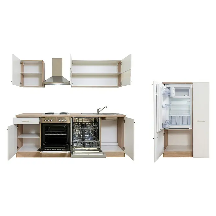 Respekta Küchenleerblock Merle - Breite: 310 cm, Weiß, Ohne Elektrogeräte - Moderne Küchenzeile mit integrierten Geräten, darunter Spülmaschine, Herd und Kühlschrank, ideal für kleine Räume.