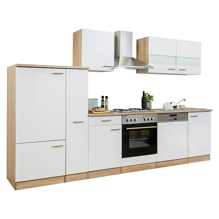 Respekta Küchenzeile Merle - Breite: 310 cm, Weiß, Mit Elektrogeräten, Volumen Backofen: 60 l - Diese moderne Küchenzeile in Weiß und Holzoptik bietet viel Stauraum und integrierte Geräte für ein stilvolles Kocherlebnis.