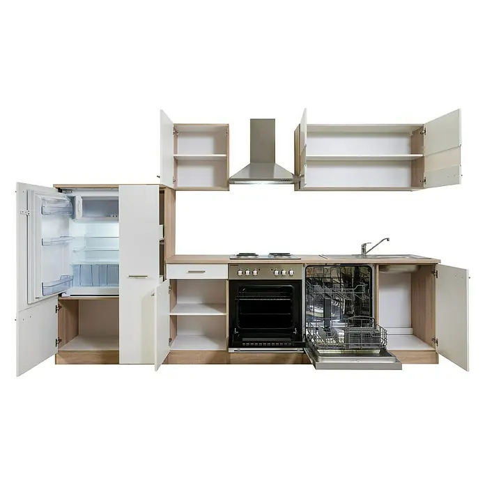 Respekta Küchenzeile Merle - Breite: 310 cm, Weiß, Mit Elektrogeräten, Volumen Backofen: 60 l - Eine Küchenzeile mit offenem Kühlschrank, Spülmaschine und Schränken in Weiß und Holzoptik unter einer modernen Dunstabzugshaube.