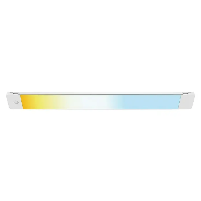 Müller-Licht Tint LED-Unterbauleuchte Alba - 14 W, Weiß, L x B x H: 50 x 6 x 1 cm, Einstellbare Farbtemperatur - Ein schlankes, weißes LED-Lichtleiste, das von warmem zu kühlem Licht übergeht, ideal für moderne Beleuchtungslösungen.