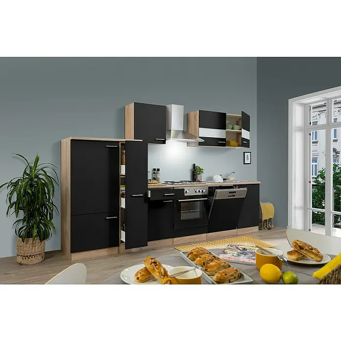 Respekta Küchenzeile Merle - Breite: 310 cm, Schwarz, Mit Elektrogeräten, Volumen Backofen: 60 l - Eine moderne Küche in Schwarz und Holzoptik mit Blick auf einen gedeckten Tisch mit Gebäck und Obst.