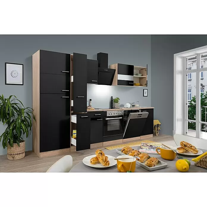 Respekta Küchenzeile Merle Typ 2 - Breite: 310 cm, Schwarz, Mit Elektrogeräten, Volumen Backofen: 72 l - Moderne Küche in Schwarz und hellem Holz mit Backofen, Geschirrspüler und Dunstabzugshaube.