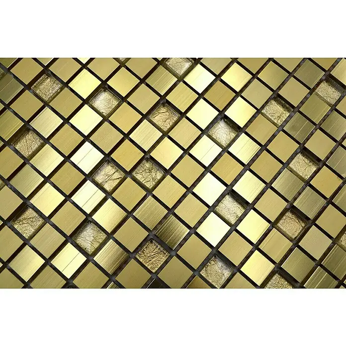 Mosaikfliese Quadrat ALF A307 - 30 x 30 cm, Gold, Matt - Nahaufnahme von goldenen quadratischen Mosaikfliesen mit einigen strukturierten Glasfliesen für einen eleganten und schimmernden Effekt.