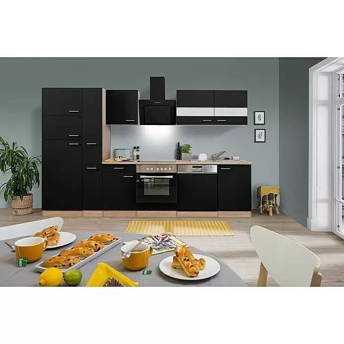 Respekta Küchenzeile Merle Typ 2 - Breite: 310 cm, Schwarz, Mit Elektrogeräten, Volumen Backofen: 72 l - Moderne schwarze Küchenzeile mit hellen Holzfronten, Backofen und Spülmaschine in stilvollem Küchenambiente.