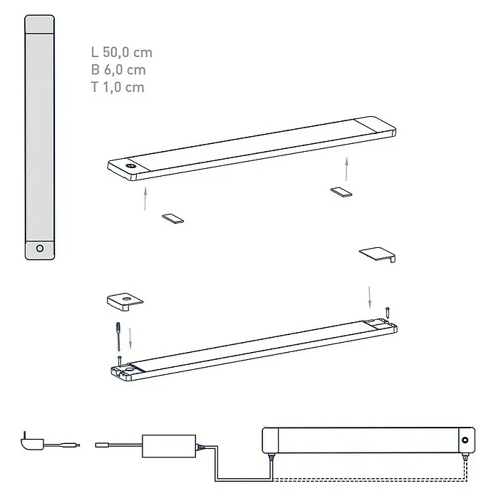 Müller-Licht Tint LED-Unterbauleuchte Alba - 14 W, Weiß, L x B x H: 50 x 6 x 1 cm, Einstellbare Farbtemperatur - Abbildung einer LED-Leuchte mit Montageanleitung, die die einzelnen Schritte und Dimensionen des Produkts zeigt.