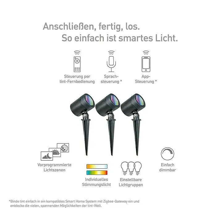 Müller-Licht Tint LED-Gartenspot-Set Flores - 13 W, Schwarz, RGBW, Höhe: 19,5 cm - Smartes Licht für den Garten: Drei LED-Gartenstrahler mit verschiedenen Steuerungsmöglichkeiten und individueller Farbanpassung.