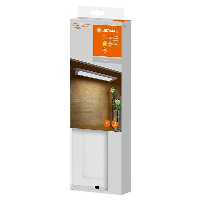 Ledvance LED-Unterbauleuchte Cabinet Sensor - 30 x 10 x 0,8 cm, 5 W, Warmweiß, Gesamtstückzahl: 1 Stk. - Die LEDVANCE Cabinet LED Panel 30x10cm in der Verpackung. Ideal für die Beleuchtung von Innenräumen mit warmweißem Licht.