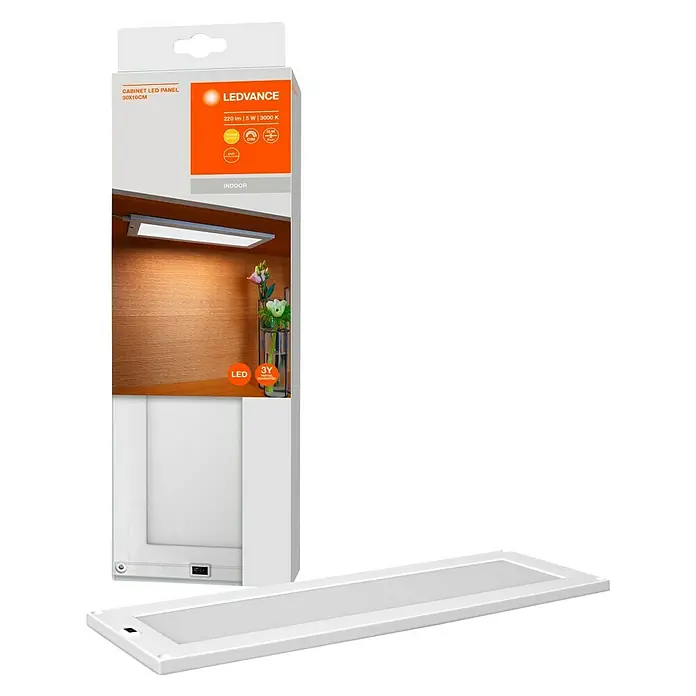 Ledvance LED-Unterbauleuchte Cabinet Sensor - 30 x 10 x 0,8 cm, 5 W, Warmweiß, Gesamtstückzahl: 1 Stk. - Abbildung der LEDVANCE LED-Schrankleuchte (30x10cm) für den Innenbereich, die mit 220 Lumen leuchtet und eine Farbtemperatur von 3000K hat.