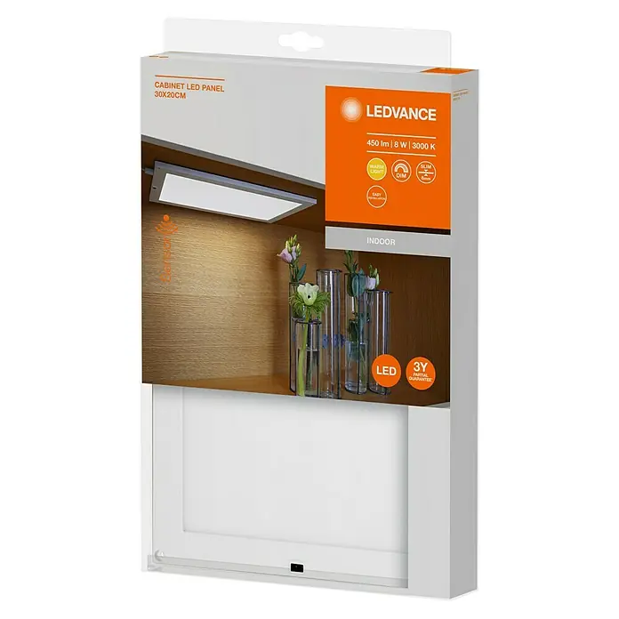 Ledvance LED-Unterbauleuchte Cabinet Sensor - 30 x 20 x 0,8 cm, 7,5 W, Warmweiß, Gesamtstückzahl: 1 Stk. - Bild der Verpackung für LEDVANCE Cabinet LED Panel 30x20cm, eine energieeffiziente Lösung für Innenraumbeleuchtung mit warmweißem Licht und Dimmfunktion.
