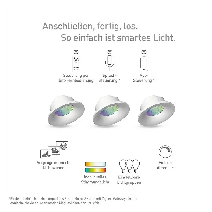 Müller-Licht Tint LED-Einbauleuchten-Set - 19 W, Weiß, 3 Stk., RGBW - Intelligente Leuchten mit verschiedenen Steuerungsmöglichkeiten und vorprogrammierten Lichtszenen für individuelle Stimmungen.