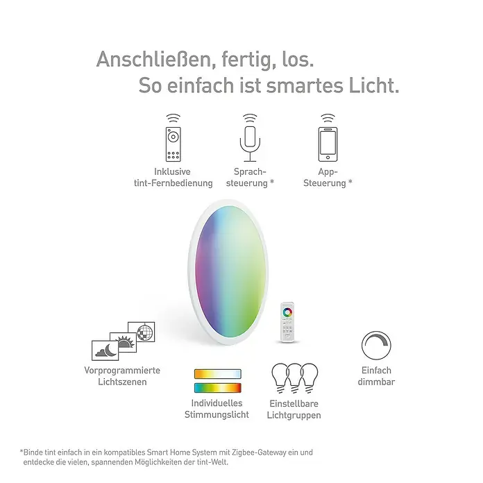 Müller-Licht Tint LED-Panel rund Loris - 30 W, Ø x H: 450 mm x 5,1 cm, Weiß, Warmweiß - Intelligente Lichtlösung mit Fernbedienung, Sprach- und App-Steuerung. Voreingestellte Lichtszenen und einstellbare Lichtgruppen für individuelle Atmosphäre.