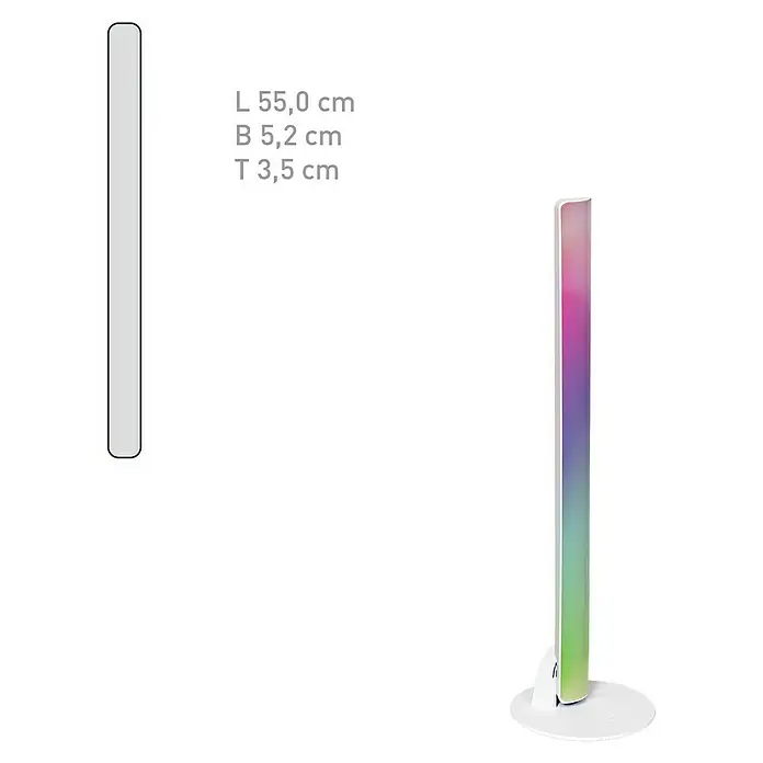Müller-Licht Tint LED-Unterbauleuchte Talpa - 13 W, Weiß, RGBW, L x B x H: 55 x 5,2 x 3,5 cm - Produktansicht: Eine schlanke, farbwechselnde Stehleuchte mit minimalistischem Design und Angaben zu den Abmessungen.