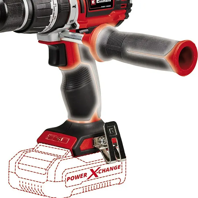 Einhell PXC 18V Taladro atornillador percutor de batería TP-CD 18/60 Li- i BL - 18 V, Sin batería, 60 Nm - Detalle de un taladro inalámbrico Einhell que muestra el sistema de batería Power X-Change, diseñado para versatilidad.