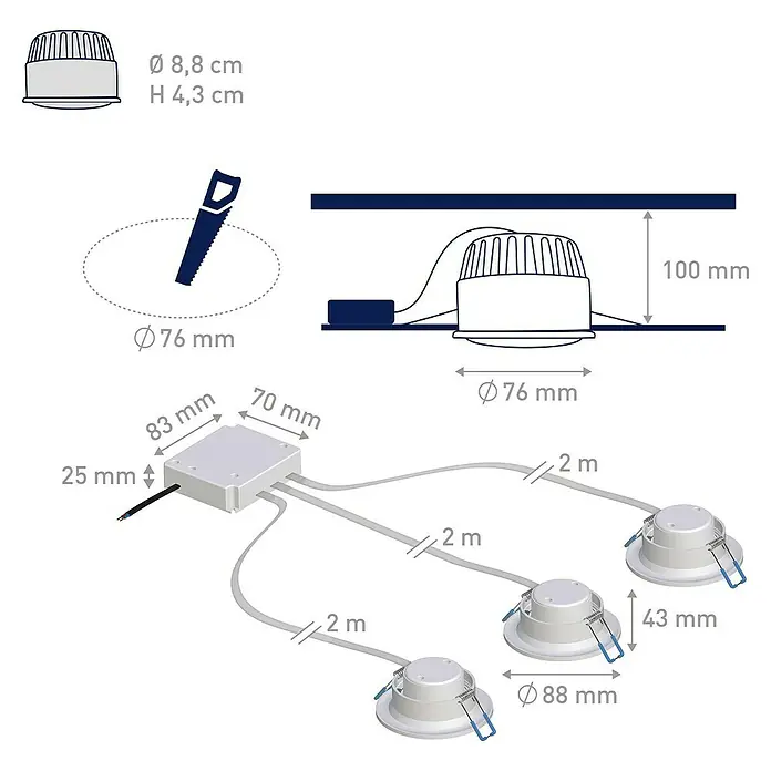 Müller-Licht Tint LED-Einbauleuchten-Set - 19 W, Weiß, 3 Stk., RGBW - Produktzeichnung eines LED-Deckenspots mit Maßangaben zu Durchmesser, Höhe und Kabellänge für die Installation.
