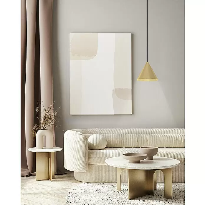 Eglo Pendelleuchte rund NARICES - 40 W, Ø x H: 220 mm x 110 cm, Schwarz, E27 - Helles beiges geripptes Sofa mit rundem Kissen in einem modernen Wohnzimmer.